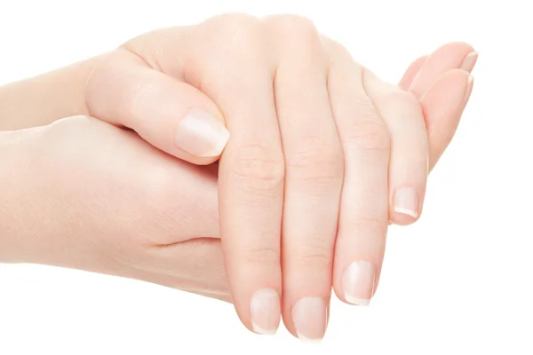 Donna mani manicure su bianco — Foto Stock