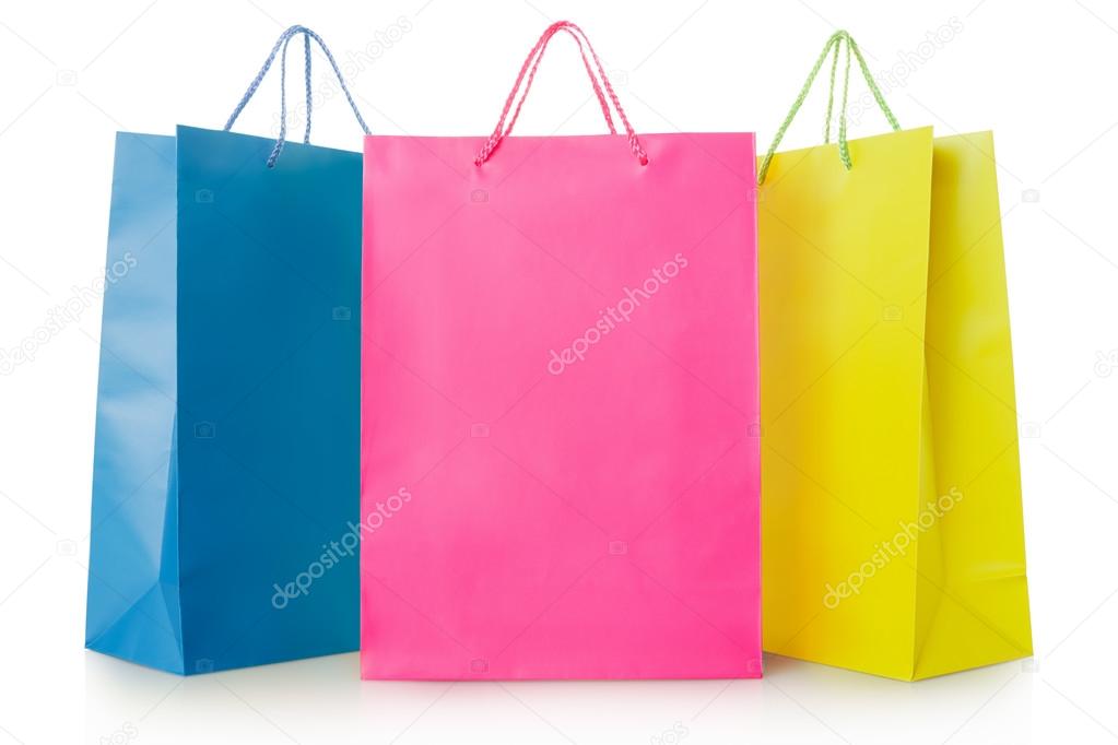 Colorful shopping bags in paper isolated on white, clipping path