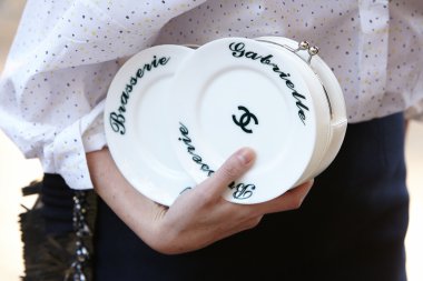 Chanel dish bag before Rochas show, Paris fashion week