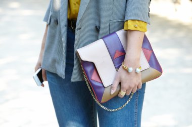 Colorful leather bag before Yang Li show, Paris fashion week
