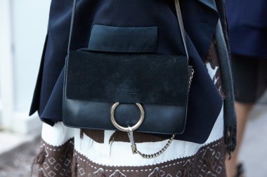 Chloe blue bag seen before Chloe show, Paris fashion week
