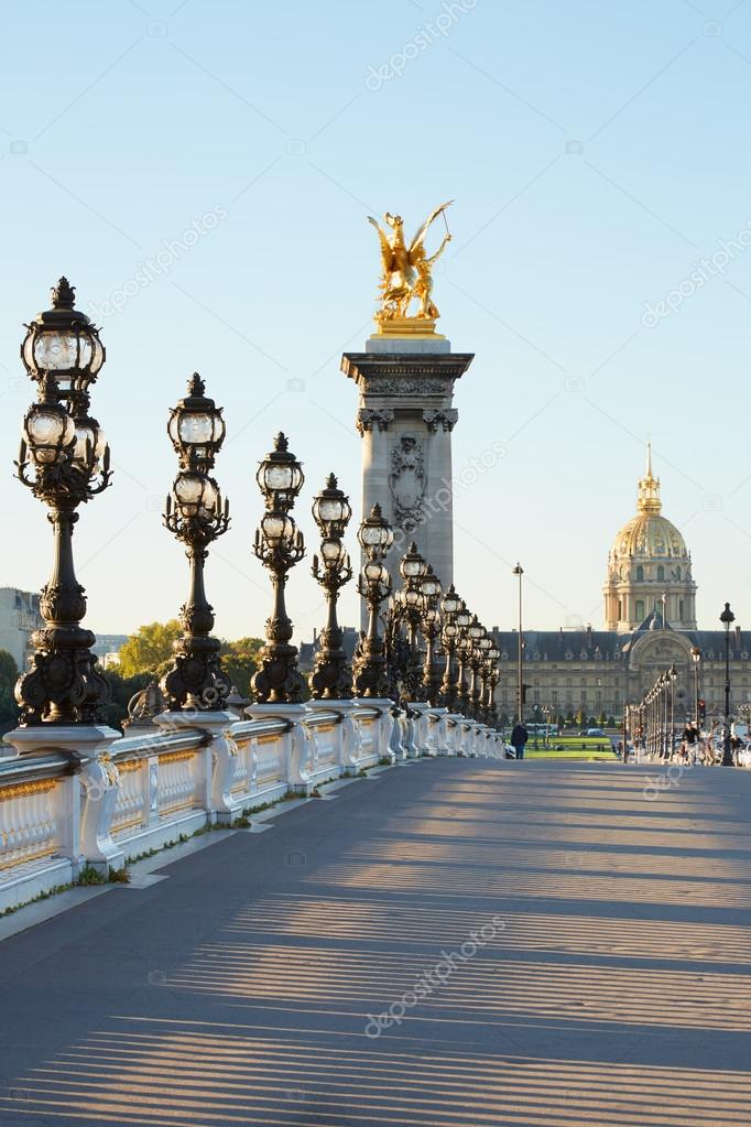 Empty Alexander III bridge in Paris in the early morning