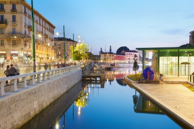 Milan new Darsena, redeveloped dock in the evening