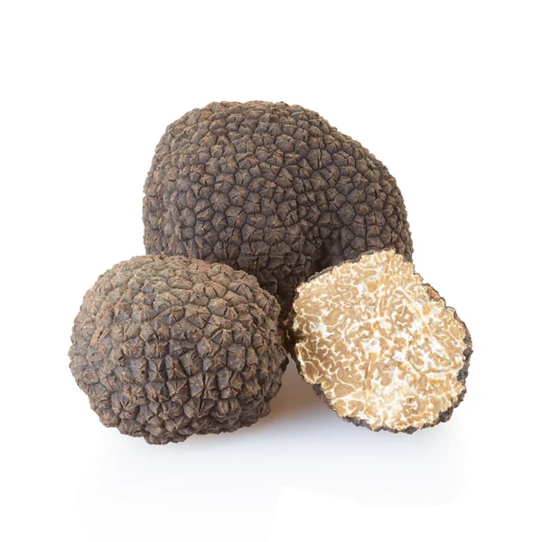 Black truffles and half on white — Stockfoto