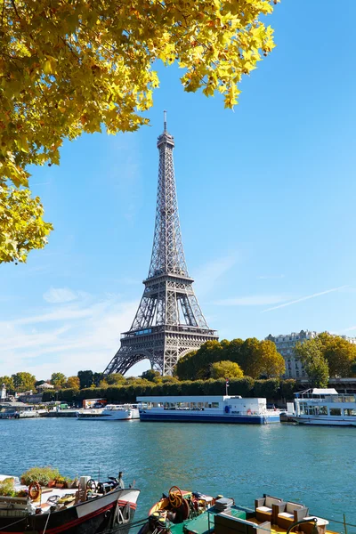 Torre Eiffel y vista al río Sena con rama de árbol de otoño amarillo en París —  Fotos de Stock