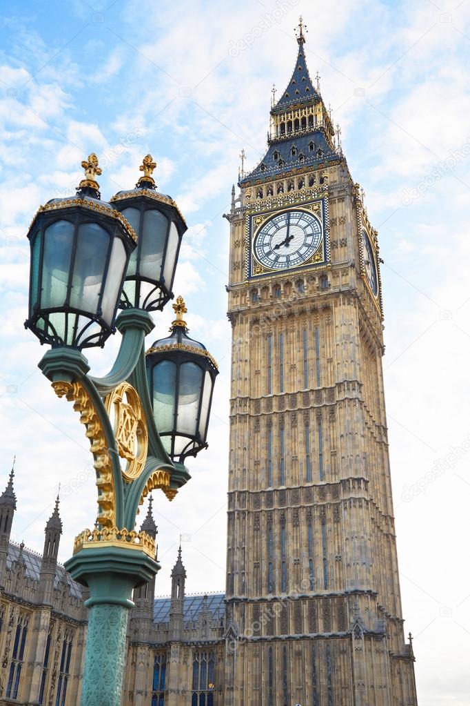 Big Ben view with ancient street lamp in London