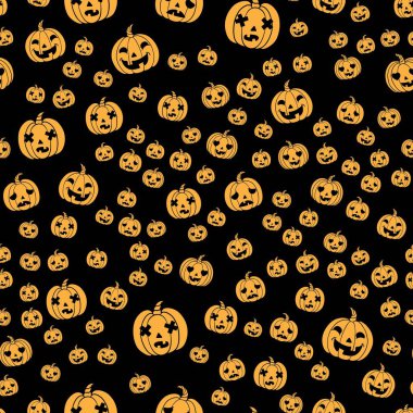 Sonbahar balkabağı deseni. Cadılar Bayramı 'nız kutlu olsun. Korkunç balkabağı, çizgi filmlerdeki gibi kusursuz bir arkaplan, Şükran Günü dekoratif vektör deseni.