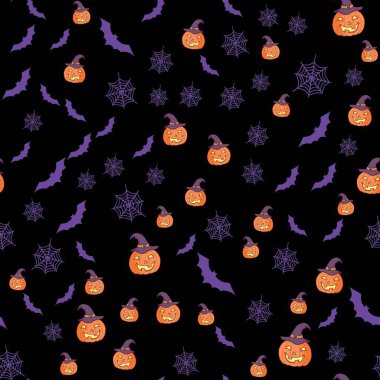 Sonbahar balkabağı deseni. Cadılar Bayramı 'nız kutlu olsun. Korkunç balkabağı, çizgi filmlerdeki gibi kusursuz bir arkaplan, Şükran Günü dekoratif vektör deseni.