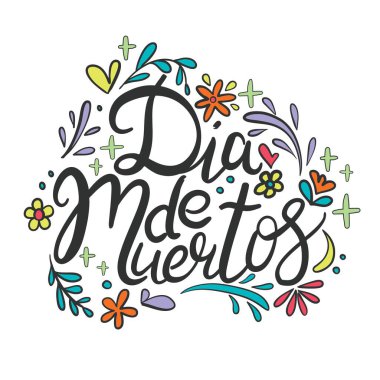 Ölü vektör illüstrasyon seti günü. Kartpostal ya da kutlama tasarımı için 'Dia de los Muertos' harflerini elle çizdim. El çizimi tipografi posteri olan çiçekler ve bitkiler.