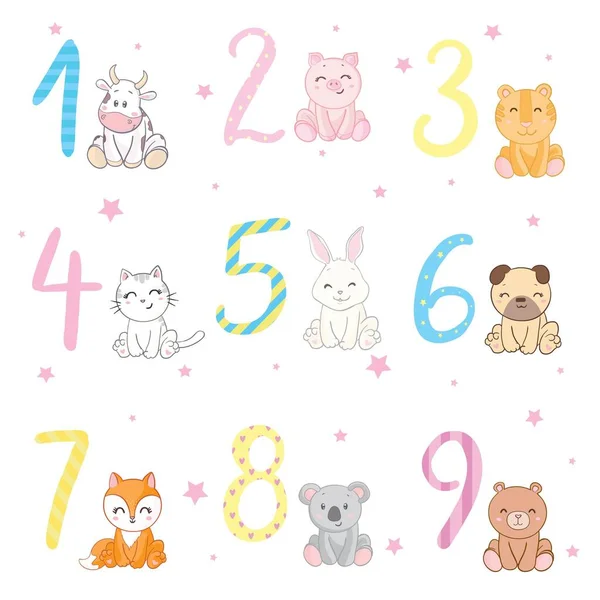 かわいい動物 誕生日パーティー招待状カードテンプレートと誕生日記念日番号 — ストックベクタ