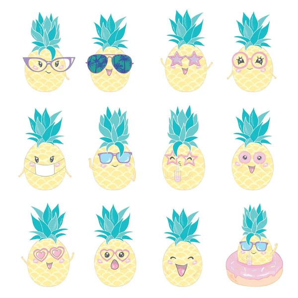 Pineapple Cute Characters Set Summer Tropical Stickers Vector Illustration — Stock Vector
