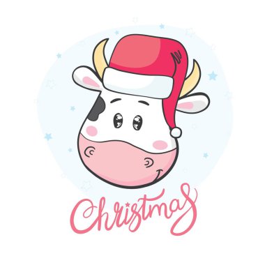 Beyaz arka planda Noel Baba şapkalı şirin bir boğa.