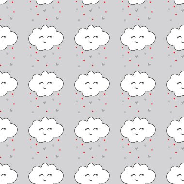 Çocukların tatili için gülümseyen bulutlarla kusursuz bir düzen. Sevimli bebek duşu vektör arkaplan bulutları kusursuz vektör deseni.