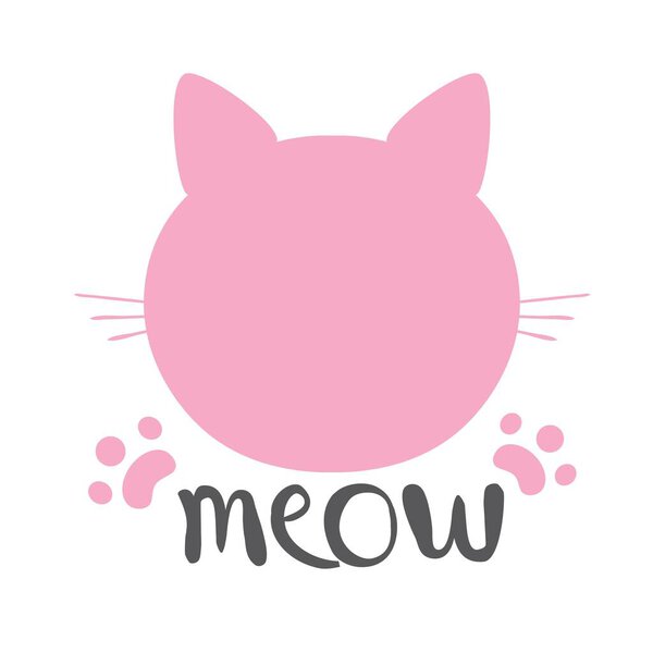 cat silhouette pink icon, lettering meow whiskers vector.