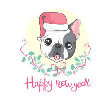 Noel kartı, Noel şapkalı Fransız bulldog 'u. Vektör illüstrasyonu.