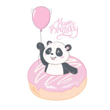 Beyaz arka planda çörekler üzerinde panda. Vektör illüstrasyonu.