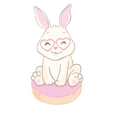 Komik küçük tavşan bebek. Çörek ve tavşan. Yazın tadını çıkar. Çocuk oyunu, kitap, tişört ve kart için yassı hayvan illüstrasyonu. İzole vektör