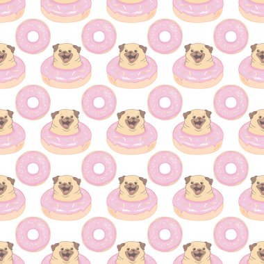 Vektör çizimi. Kusursuz desenli pug ve donut beyaz arka planda izole edilmiş..