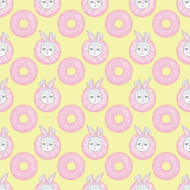 Çizgi filmdeki güzel tavşanlı kusursuz desen, tatlı çörek. vektör illüstrasyonu.