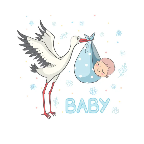 Inbjudan Till Babydusch Med Stork Vykortsstork Med Barn Och Inskriptionen — Stock vektor