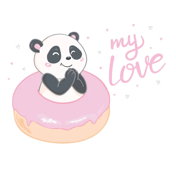 白色背景的甜甜圈上的熊猫 矢量说明 — 图库矢量图片