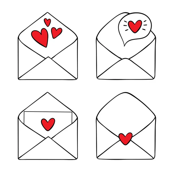 Zestaw Czterech Romantycznych Kopert Wektorowych Valentine Odizolowanych Biało Czerwone Serce — Wektor stockowy