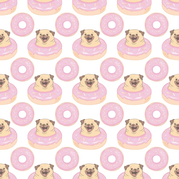 Vector Illustratie Naadloze Patroon Pug Donut Geïsoleerd Een Witte Achtergrond — Stockvector