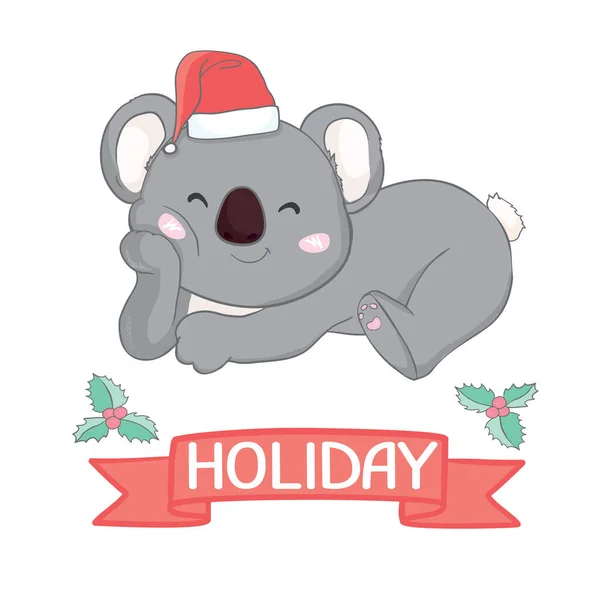 Медвежонок Коала Красной Рождественской Шляпе Симпатичный Забавный Персонаж Карикатурный Стиль — стоковый вектор
