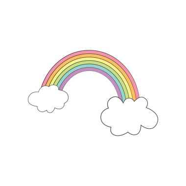 Beyaz arka planda gökkuşağı ve bulutlu şirin vektör çizimi.