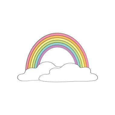 Beyaz arka planda gökkuşağı ve bulutlu şirin vektör çizimi.