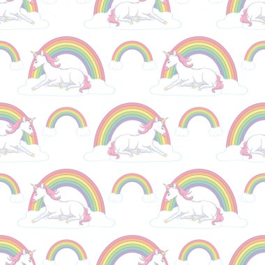 Tek boynuzlu at, bulut ve gökkuşağı desenli el çizimi, çizgi çizimi çizimi. Arkaplan, baskı, duvar kağıdı, ambalaj kağıdı ve tekstil süsü olarak kullanılabilir.