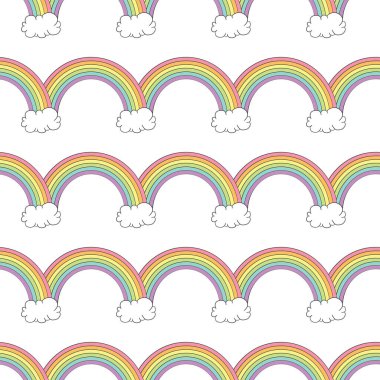 Gökkuşağı ve bulutlarla kusursuz bir desen. Vektör illüstrasyonu.