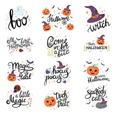 Mutlu Cadılar Bayramı çizimleri ve elementleri. Cadılar Bayramı tasarım ögeleri, logolar, rozetler, etiketler, simgeler ve nesneler.