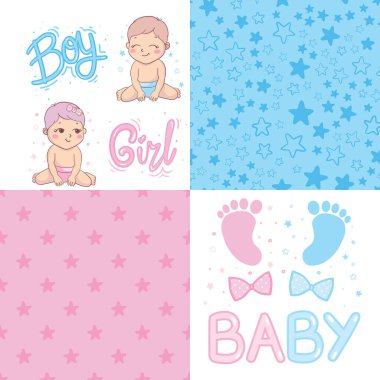 Vektör tebrik kartı. Bebek partisi kartı. Bebek duyuru kartı tasarımı. Yazı yazan bir erkek, yazı yazan bir kız. Bebek partisi tasarım elementi.