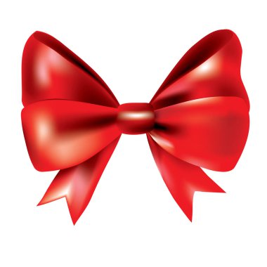 Hediye yayı kurdele ipeği. Beyaz arka planda izole edilmiş kırmızı papyon. Noel hediyesi olarak 3 boyutlu papyon, Noel süsü, doğum günü kutlaması. Dekoratif saten kurdele elemanı Vektör illüstrasyonu