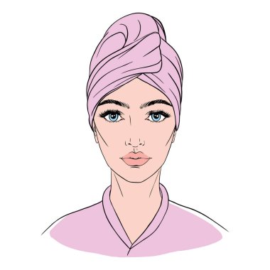 Kafasında havlu ve duştan ya da banyodan sonra yüzünde kozmetik maske olan bir kız. Vektör düz resimleme