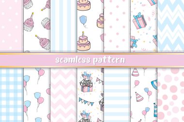 Farklı tatlılar ve hoş, pürüzsüz desen. Doğum günü tasarımı için. Bebek partisi. Makas kâğıdı. Kızlar ve oğlanlar için pembe ve mavi renkler.