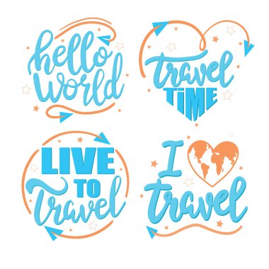 Seyahat zamanı. El çizimi harfleri, dekorasyon unsurları. Renkli vektör, çocuklar için, düz stil. bebek tasarımı kartlar, baskı, posterler, logo, kapak