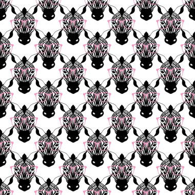 Kusursuz desen. Beyaz arka planda pembe gözlüklü bir zebranın portresi. Vektör illüstrasyonu.