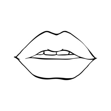 Seksi dolgun dudaklar izole edilmiş çizgi sanatını, el çizimi illüstrasyonunu, vektör çizimini öper.