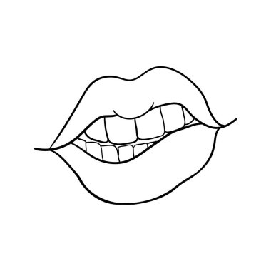 Seksi dolgun dudaklar izole edilmiş çizgi sanatını, el çizimi illüstrasyonunu, vektör çizimini öper.