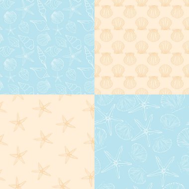 Turuncu ve mavi renklerde bir dizi kusursuz deniz ve deniz şablonu. Vektör illüstrasyonu.