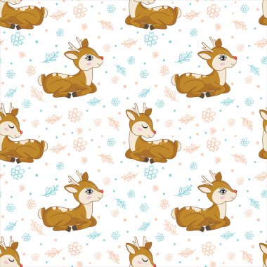 Geyik deseni, beyaz arka planda yapraklar ve çiçekler. Vektör kusursuz desen. Çiçek illüstrasyonu. Doğa tasarımı. Şükran Günü. Tatlı bir orman hayvanıyla sonbahar mevsimi