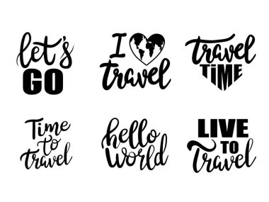 Harfleri ayarla. Vektör çizimi. Beyaz arkaplanda Seyahat 'in klasik el yazısı.