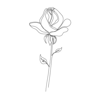 Bir gülün sürekli tek sıra çizimi. Bir çiçeğin siyah beyaz vektör çizimi. Logo, kartpostal, afiş, poster, broşür konsepti