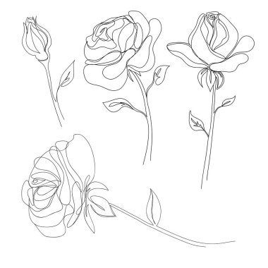 Bir gülün sürekli tek sıra çizimi. Bir çiçeğin siyah beyaz vektör çizimi. Logo, kartpostal, afiş, poster, broşür konsepti