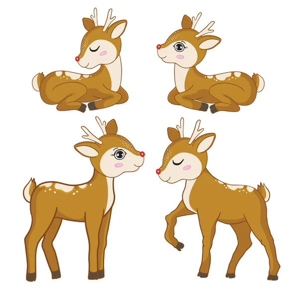 一组可爱有趣的鹿群的矢量图解 白色背景上的孤立物体 平面设计 儿童印刷的概念 森林动物 — 图库矢量图片