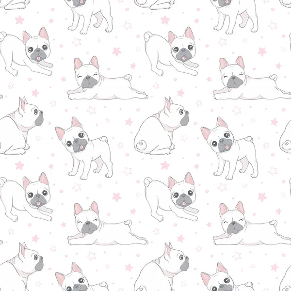 Padrão Sem Costura Com Bulldog Francês Bonito Fundo Branco Ilustração —  Vetores de Stock