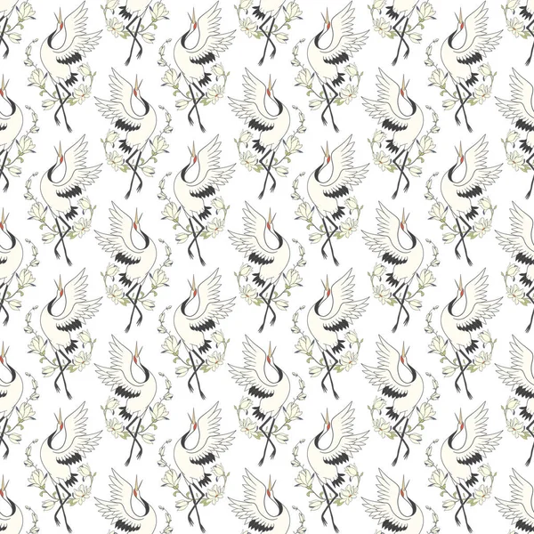 Απρόσκοπτη Μοτίβο Λουλούδια Και Λευκούς Ιαπωνικούς Γερανούς Διάνυσμα Απεικόνιση — Διανυσματικό Αρχείο
