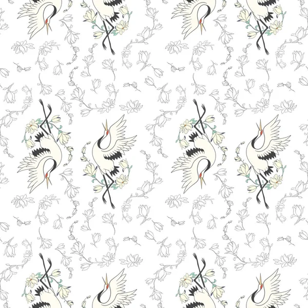 无缝隙图案 花朵和白色日本鹤 — 图库矢量图片
